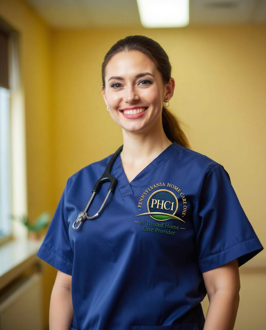 Professional caregiver wearing Pennsylvania Home Care One branded scrubs, smiling warmly in a welcoming home care setting