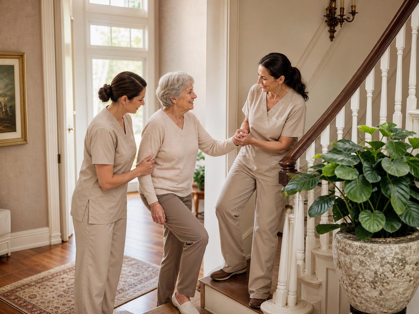 Two caregivers helping a patient up the stairs at home